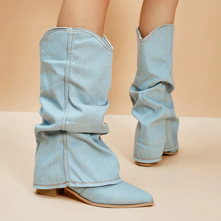 Leona - Denim Knee-High Boots with Chunky Heel