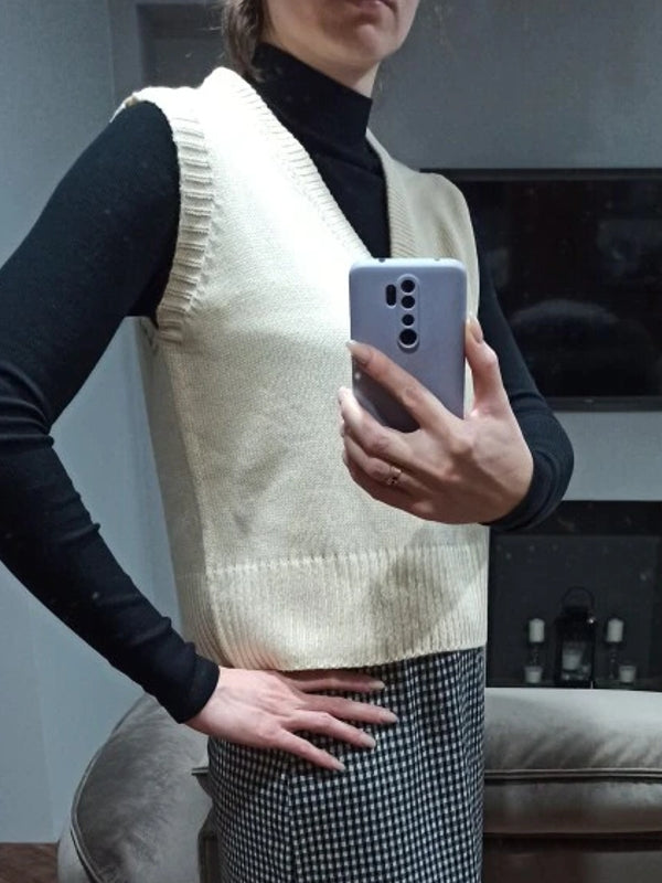 Women Short Loose Knitted Sweater V Neck Vest