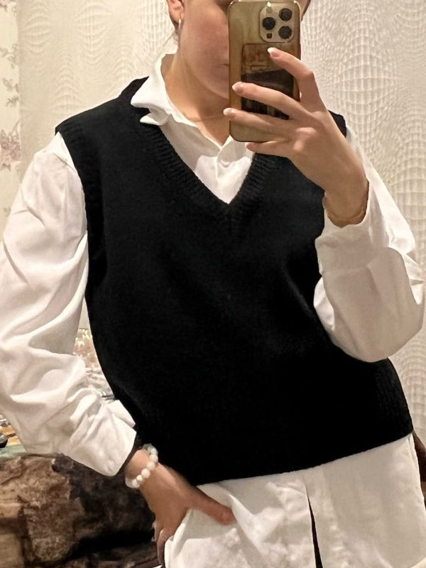 Women Short Loose Knitted Sweater V Neck Vest