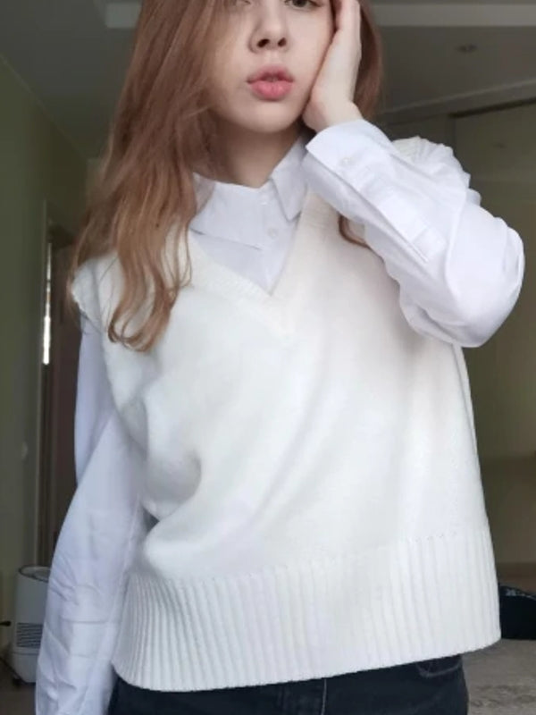 Women Short Loose Knitted Sweater V Neck Vest