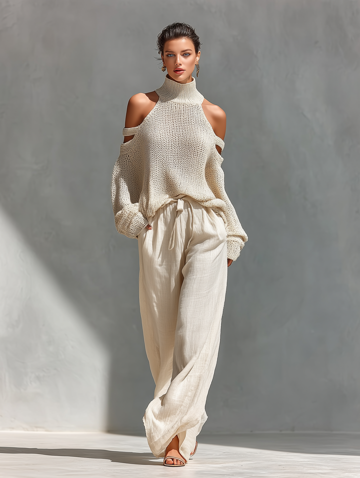 Thalia - Beige Knit Off-Shoulder Turtleneck Top &amp; Wide Leg Pants Set