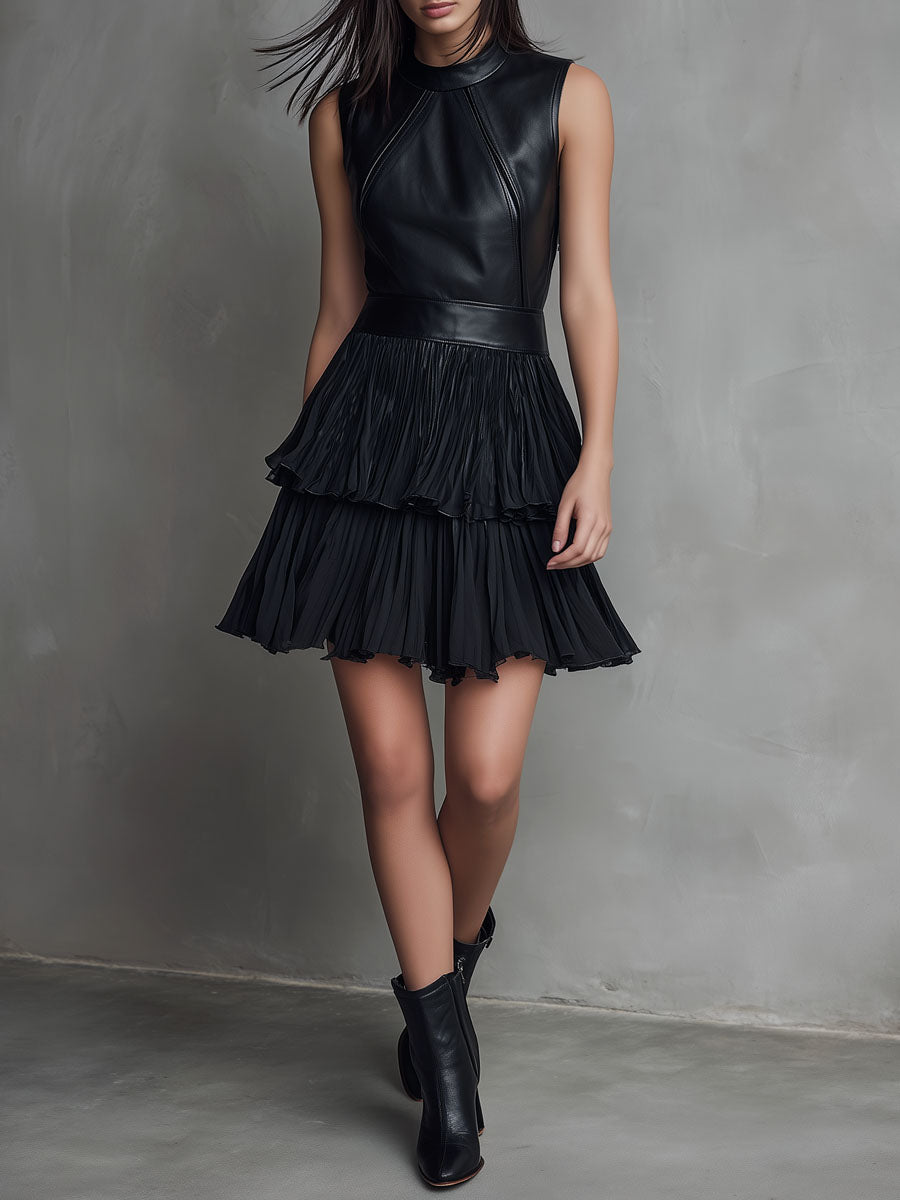 Chic Black Eco Leather &amp; Pleated Chiffon Tiered Skirt Mini Dress