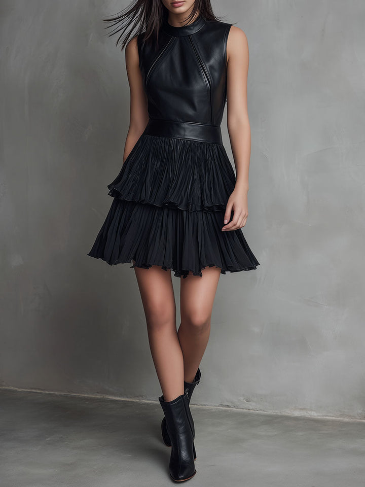Chic Black Eco Leather &amp; Pleated Chiffon Tiered Skirt Mini Dress