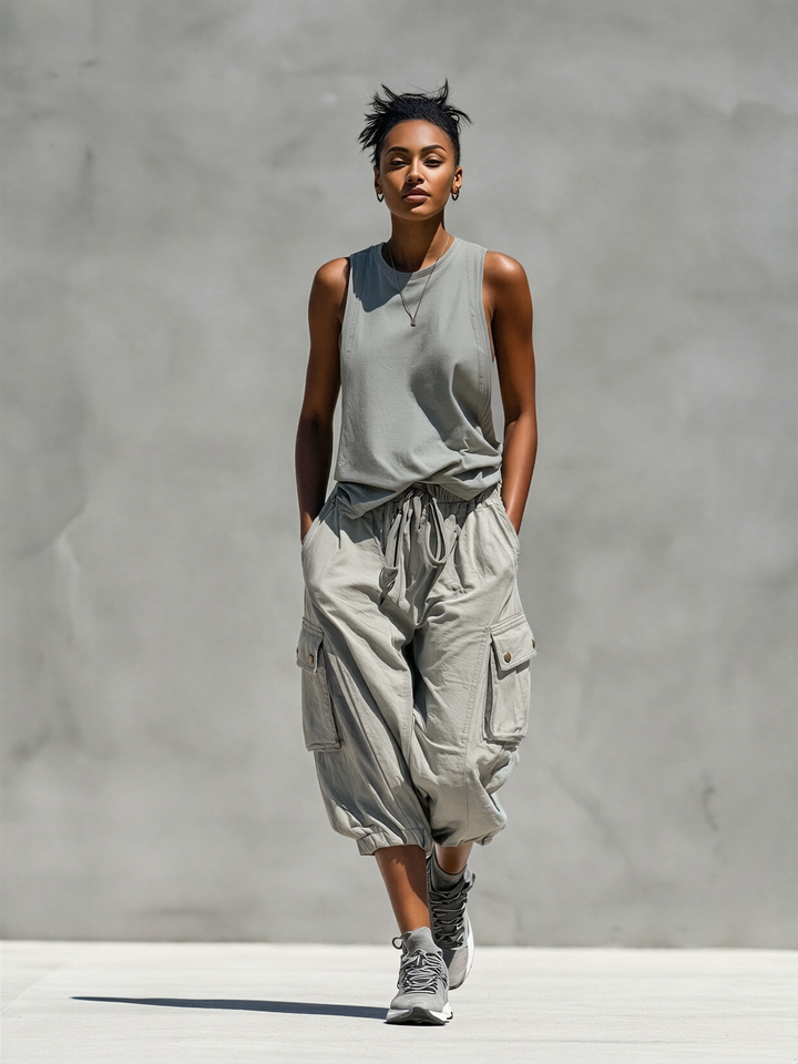 Women’s Grey Sleeveless Tank Top &amp; Cargo Jogger Shorts Two-Piece Set MDZ0853E1T