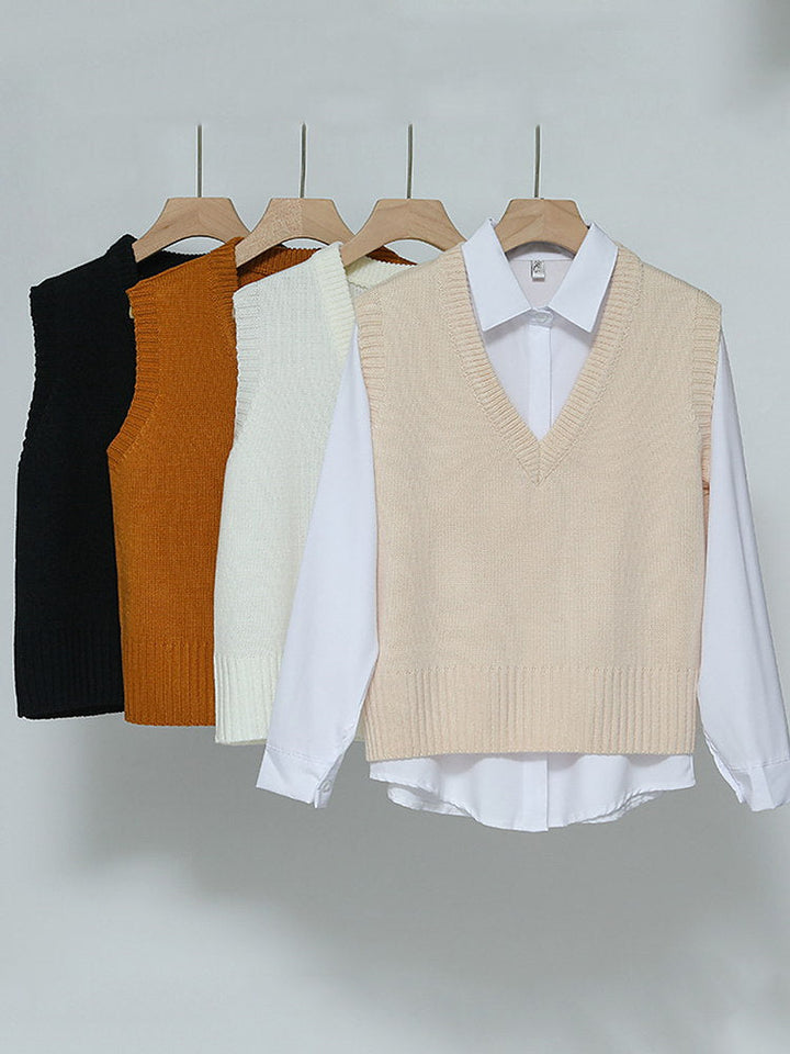 Women Short Loose Knitted Sweater V Neck Vest
