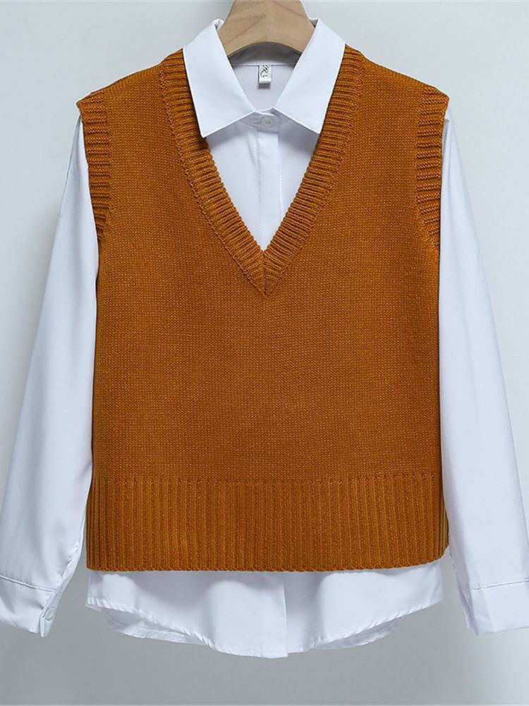Women Short Loose Knitted Sweater V Neck Vest