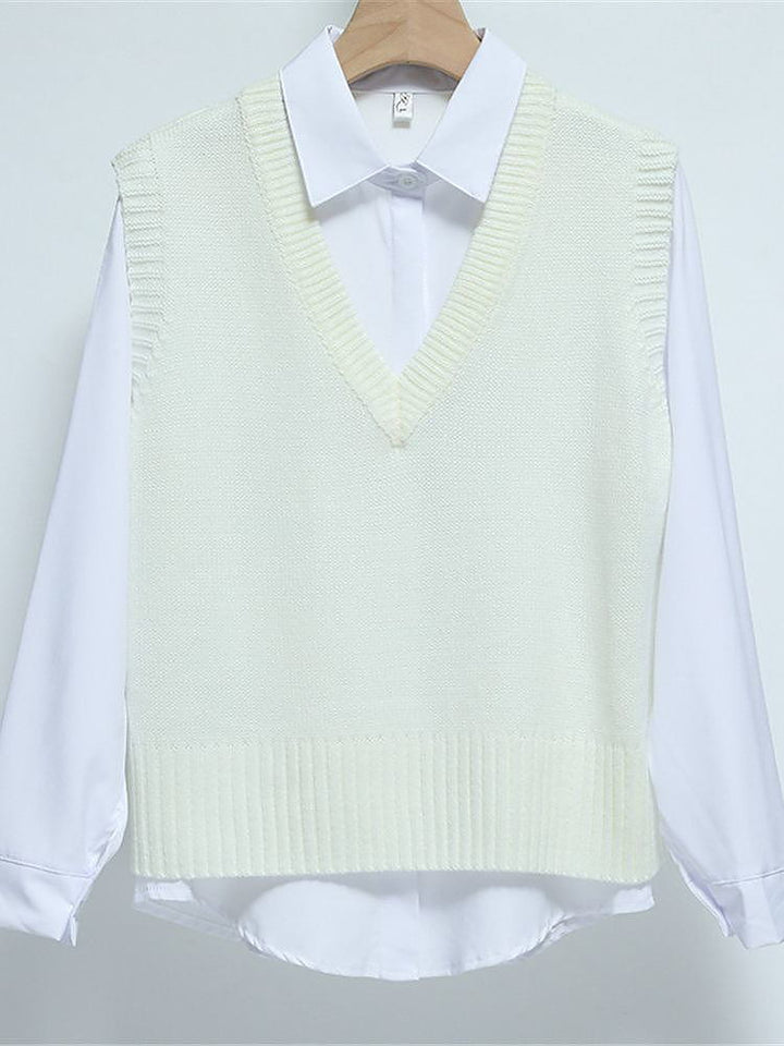 Women Short Loose Knitted Sweater V Neck Vest