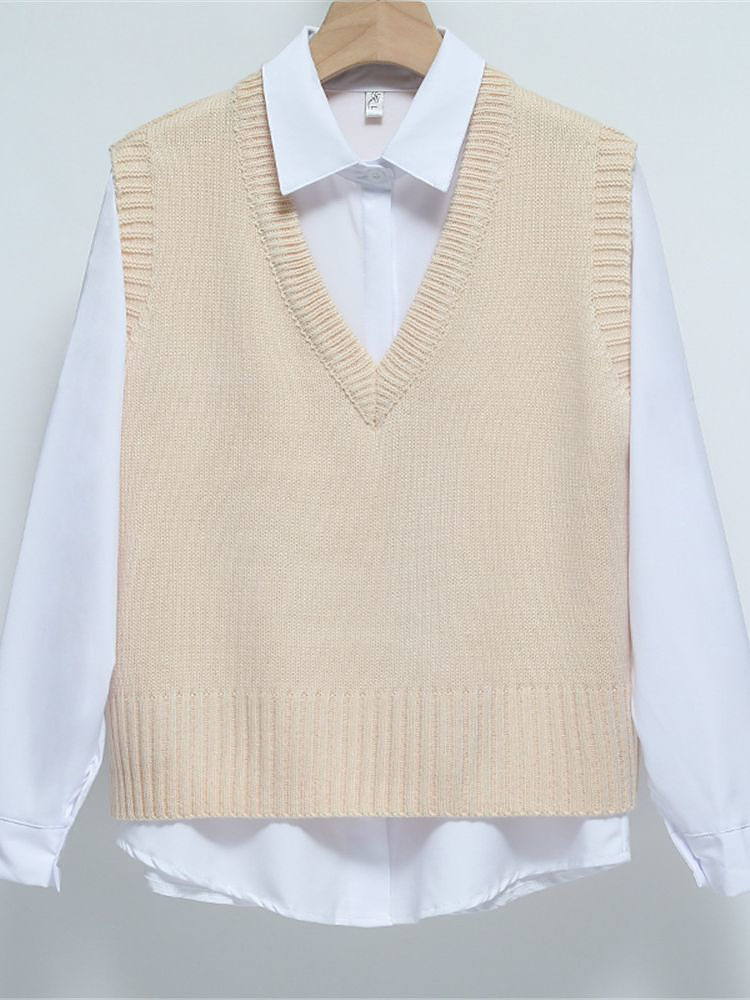 Women Short Loose Knitted Sweater V Neck Vest