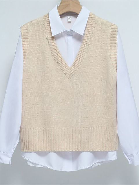 Women Short Loose Knitted Sweater V Neck Vest